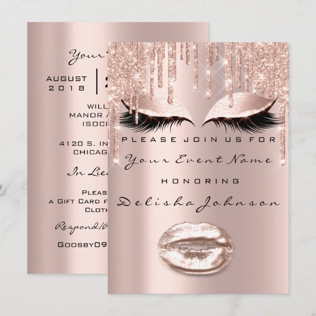 Invitación Chispa Dulce 16º Drips Purpurina Bridal Makeup (Anverso / Reverso)
