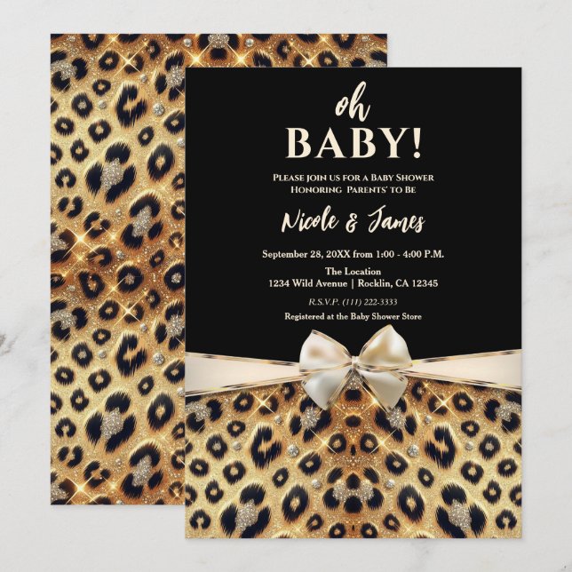 Invitación Chispa Glamour Dorado Estampado de Leopardo Negro  (Anverso / Reverso)