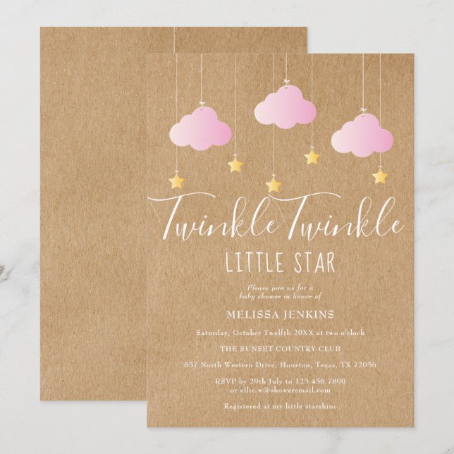 Invitación Chispa Rosa Baby Shower Rústico Kraft (Anverso / Reverso)