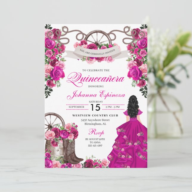 Invitación Chispa rosa de Fuchsia Charro Occidental Quinceane (Anverso de pie)