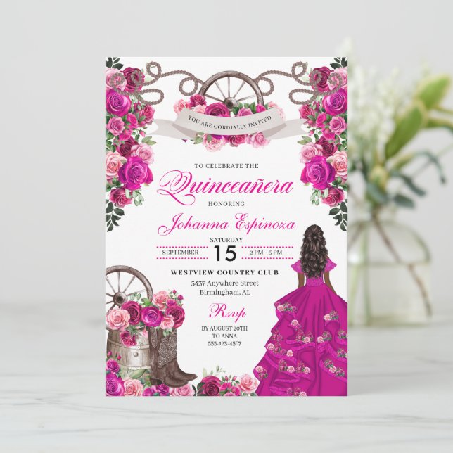 Invitación Chispa rosa de Fuchsia Charro Occidental Quinceane (Anverso de pie)