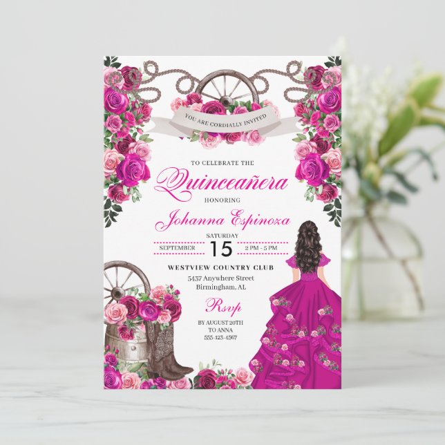 Invitación Chispa rosa de Fuchsia Charro Occidental Quinceane (Anverso de pie)