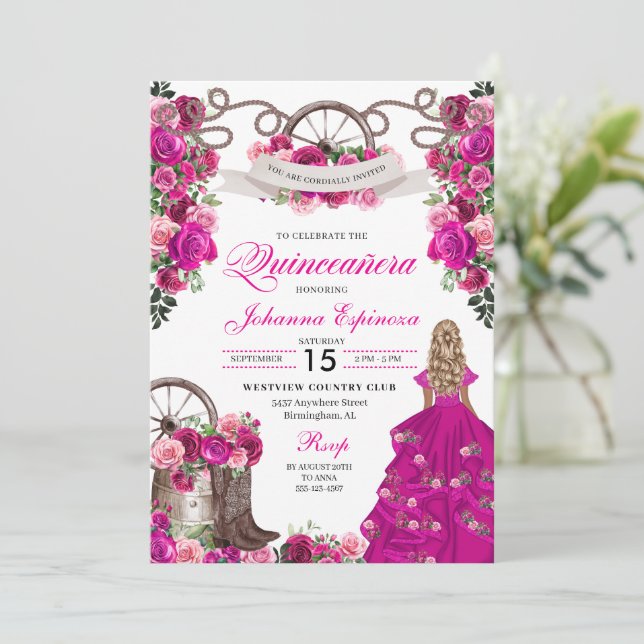 Invitación Chispa rosa de Fuchsia Charro Occidental Quinceane (Anverso de pie)