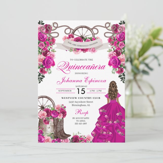 Invitación Chispa rosa de Fuchsia Charro Occidental Quinceane (Anverso de pie)
