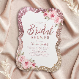Invitación Chispa rosa dorado brillo y lluvia de novia floral