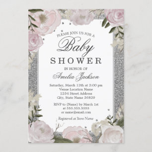 Invitación Chispa Rosa Floral Baby Shower Plateado