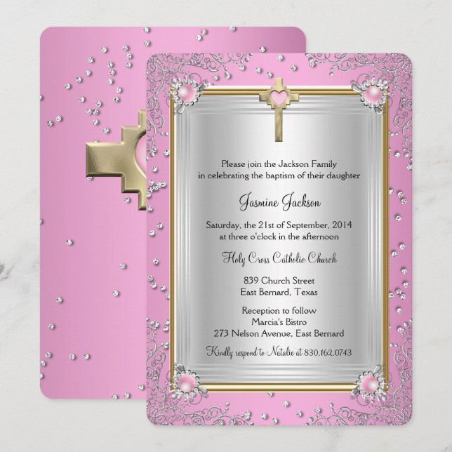 Invitación Chispa Rosa Joya Bautizo Cristalización Oro (Anverso / Reverso)