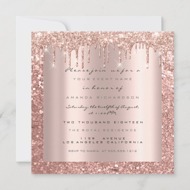 Invitación Chispas Brillo Gotas Rosa Brillo Bridal Dulces 16 (Anverso)