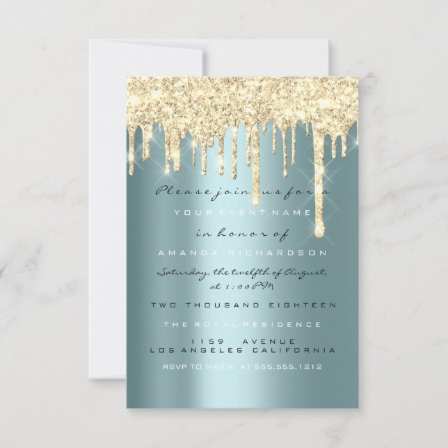 Invitación Chispas Brillo Gotea Boda Dorado Turquesa Dulce 16 (Anverso)