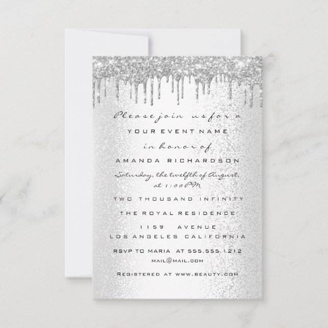 Invitación Chispas Brillo Gotea Gris Plateado Boda Cumpleaños (Anverso)