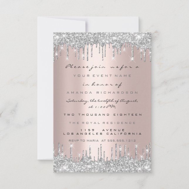 Invitación Chispas Brillo Gotea Gris Plateado Boda Dulces 16 (Anverso)