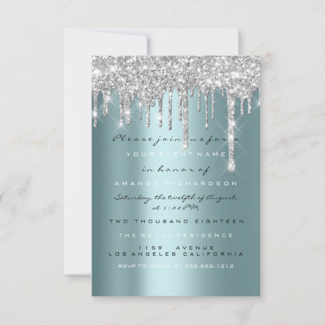Invitación Chispas Brillo Gotea Plata Azul Teal Novia Dulces  (Anverso)