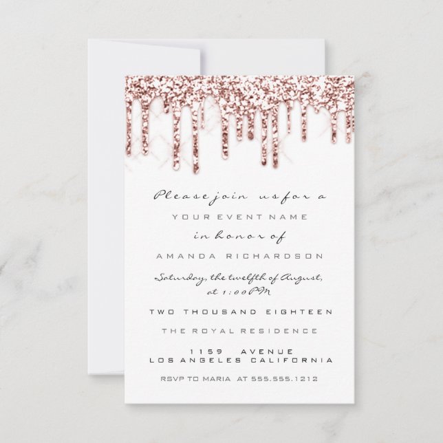 Invitación Chispas Brillo Gotea Rosa Blanco  Bridal Dulces 16 (Anverso)