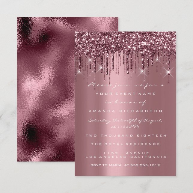 Invitación Chispas Brillo Gotea Rosa Borgoña Bridal Dulce 16 (Anverso / Reverso)