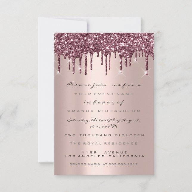 Invitación Chispas Brillo Gotea Rosa Dorado  Bridal Dulces 16 (Anverso)