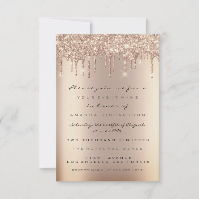 Invitación Chispas Brillo Gotea Rosa Dorado  Cumpleaños Dulce (Anverso)