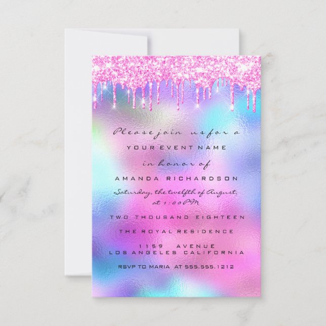 Invitación Chispas Brillo Gotea Rosa Gotea Nupcial Dulces 16 (Anverso)