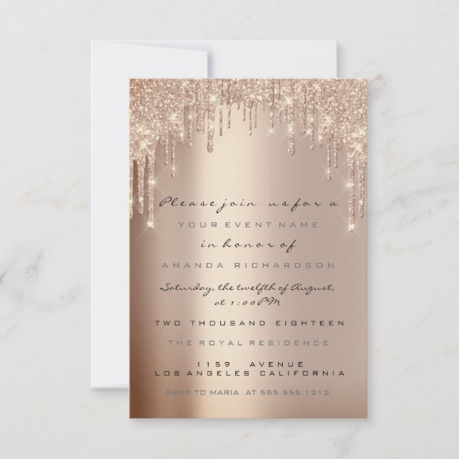 Invitación Chispas Brillo Gotea Rosa Lujo Novia Dulce 16 (Anverso)