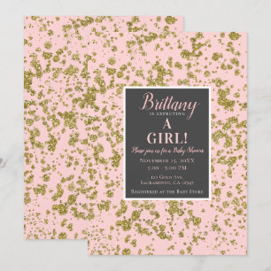 Invitación Chispas de brillo rosa y dorado para baby shower g