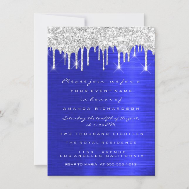 Invitación Chispas de plata destellos gotas azul real boda 16 (Anverso)