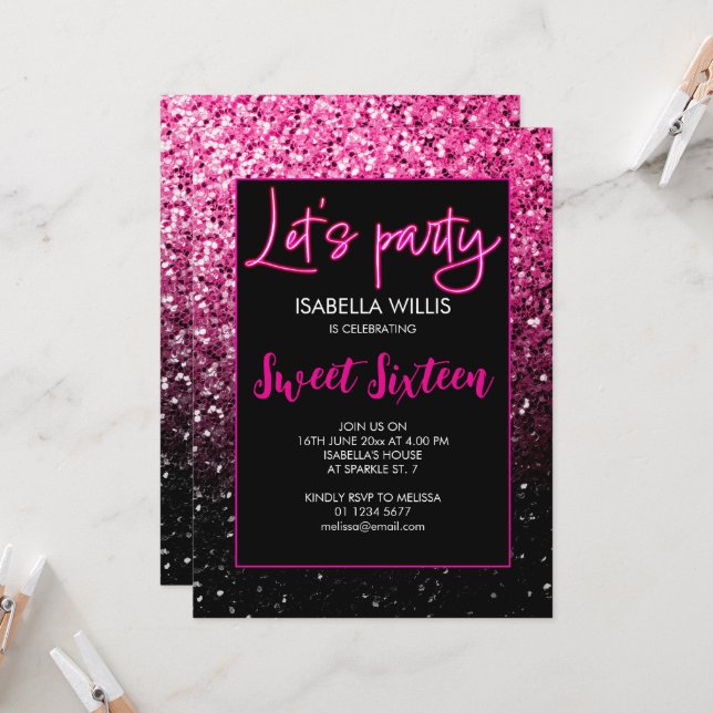 Invitación Chispas negras calientes Sweet 16 neon let fiesta (Anverso/Reverso In Situ)