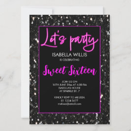 Invitación Chispas negras Sweet 16 neon rosado deja fiesta