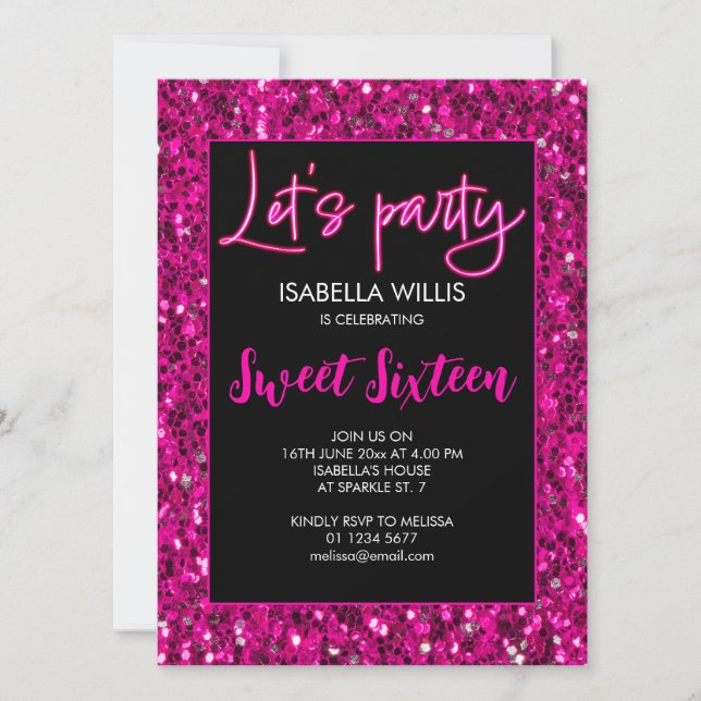 Invitación Chispas rosadas calientes Sweet 16 neon let fiesta (Anverso)
