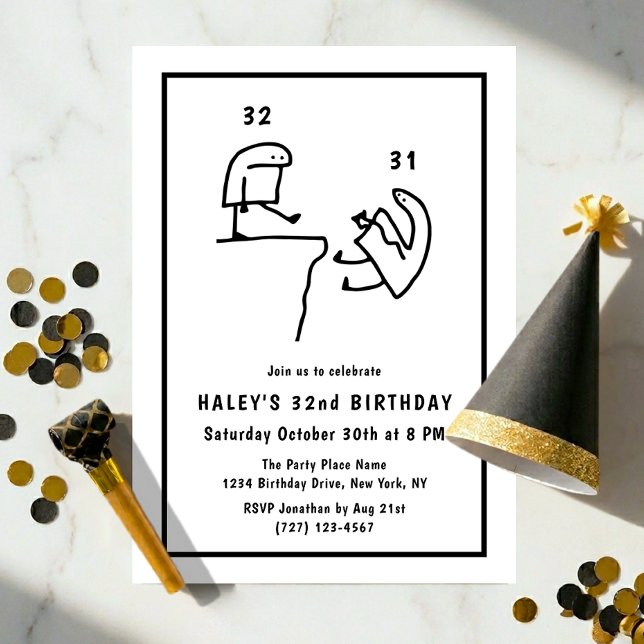 Invitación Chiste Meme Humor Simple Cumpleaños 32 Negro Blanc (Subido por el creador)