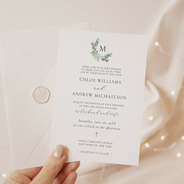 Invitación Chloe Sencillo Elegante Verdor Cristiano Boda En (Christian wedding invitation with monogram and greenery)