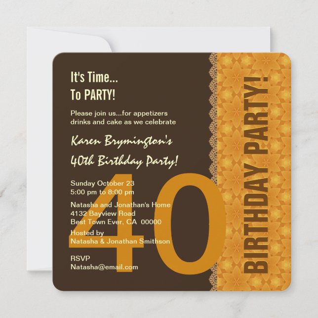 Invitación Chocolate 40 cumpleaños y oro con Lace V04B (Anverso)