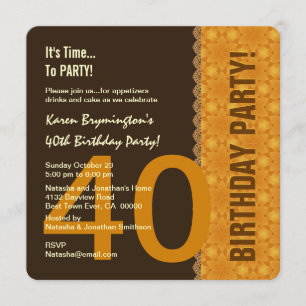 Invitación Chocolate 40 cumpleaños y oro con Lace V04B