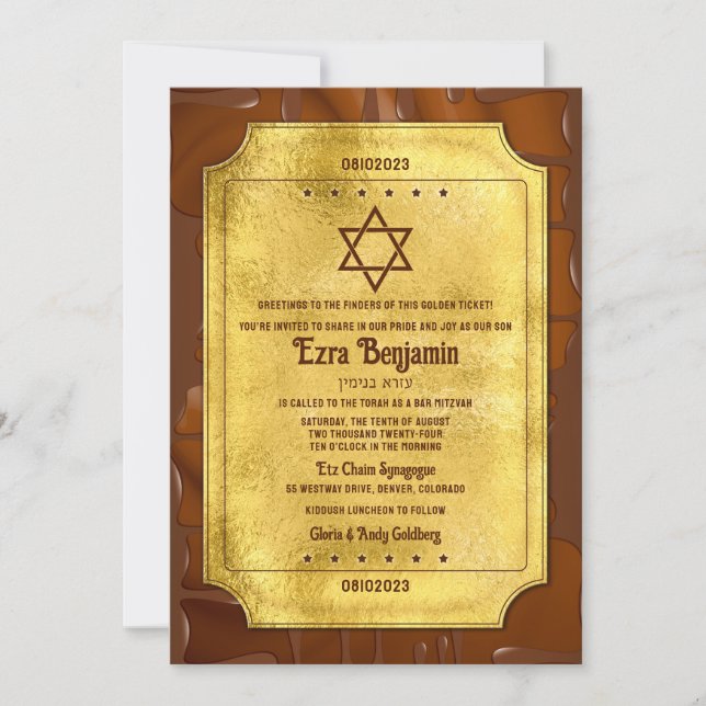 Invitación Chocolate Boleto de Oro Bat Mitzvah o Bar Mitzvah (Anverso)
