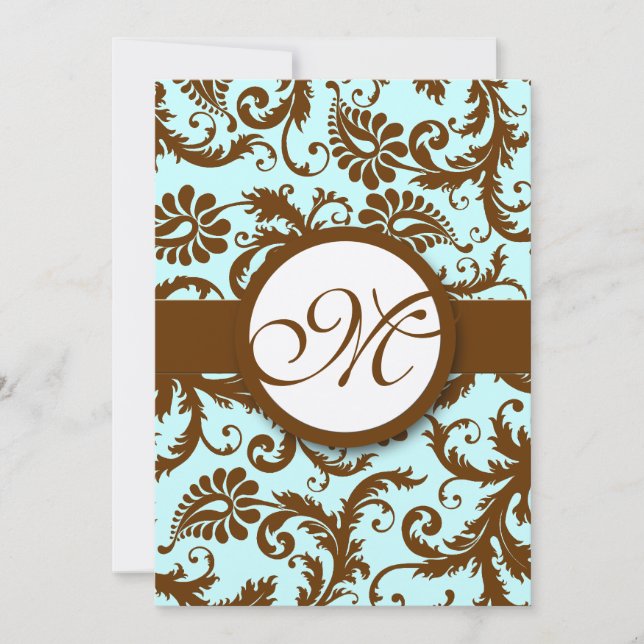 Invitación Chocolate Brown Damask Aqua (Anverso)