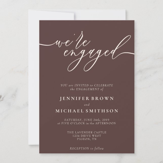 Invitación Chocolate Brown Minimal We are Engaged (Anverso)