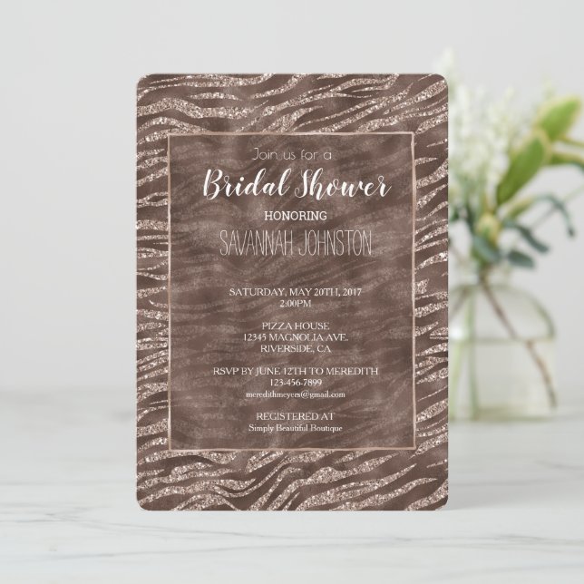 Invitación Chocolate Brown Purpurina de cebra con ducha de no (Anverso de pie)