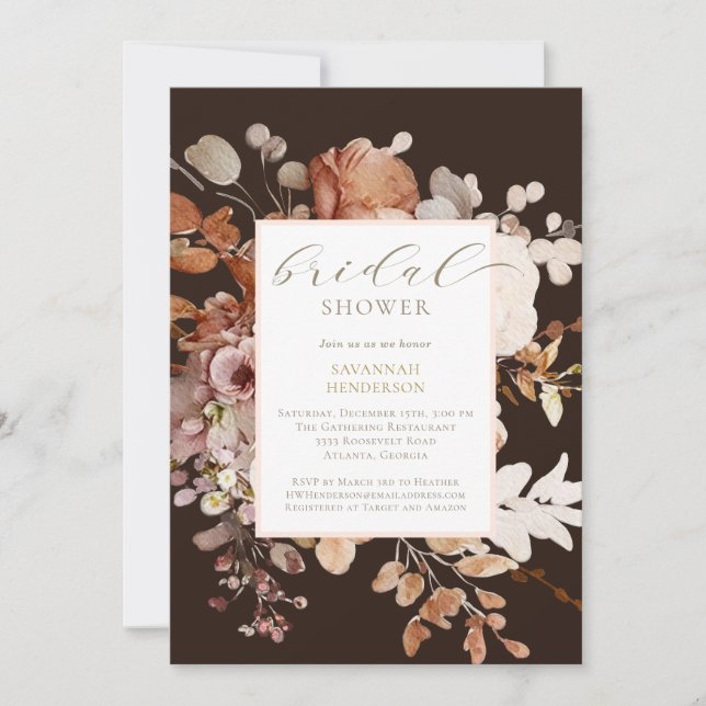 Invitación Chocolate Brown Terracotta Floral Bridal Shower (Anverso)