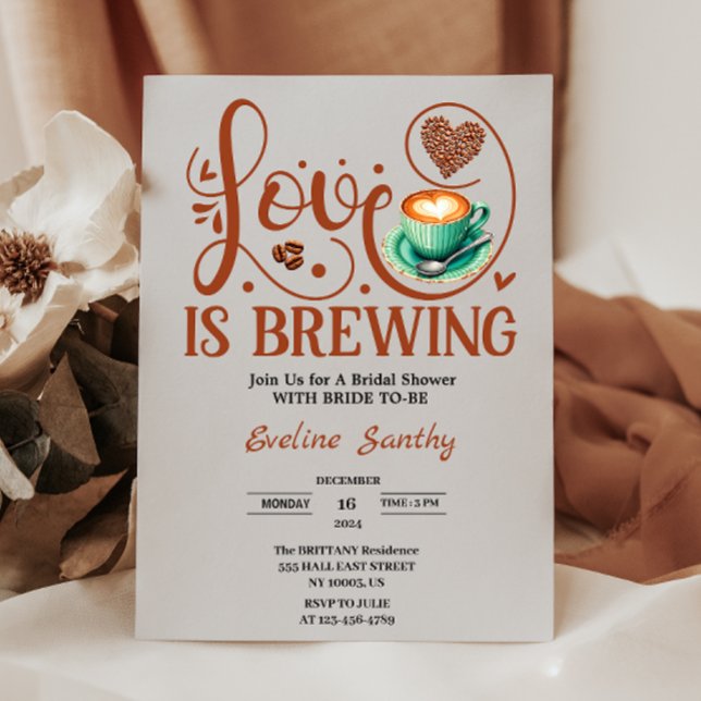 Invitación Chocolate Caliente Cappuccino Corazón Despedida de (love is brewing coffee theme wedding bridal shower heart bean brown greenery cup chic elegant simple)