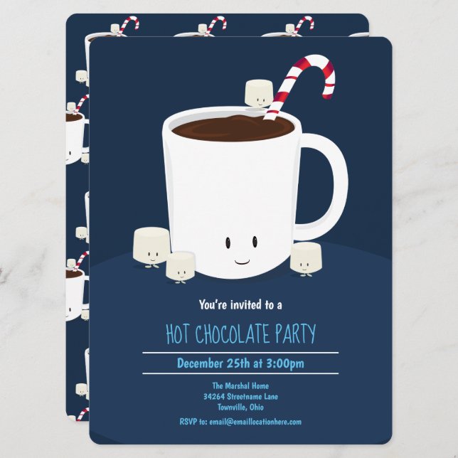 Invitación Chocolate caliente Cocoa Azul blanco Fiesta Navida (Anverso / Reverso)