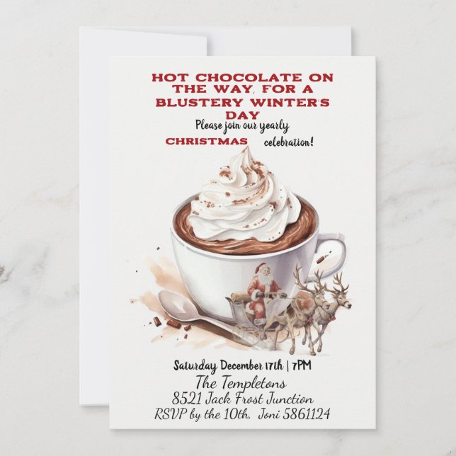 Invitación Chocolate caliente y Santa, renos (Anverso)