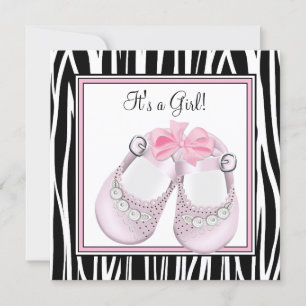 Invitación Chocolate de Bebé Niña Zebra Rosa Zapatos Negros