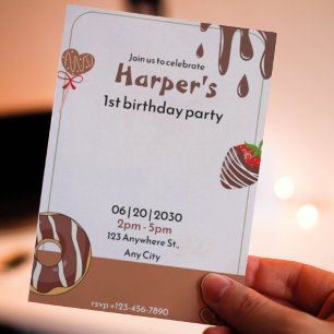Invitación Chocolate, donut y fresa 1er cumpleaños