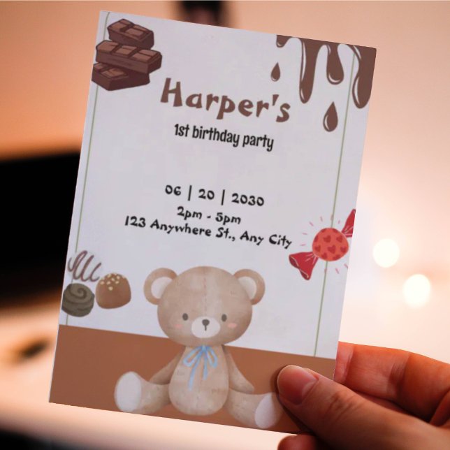 Invitación Chocolate, el oso y los dulces (Chocolate, the bear, and the candy invitation)