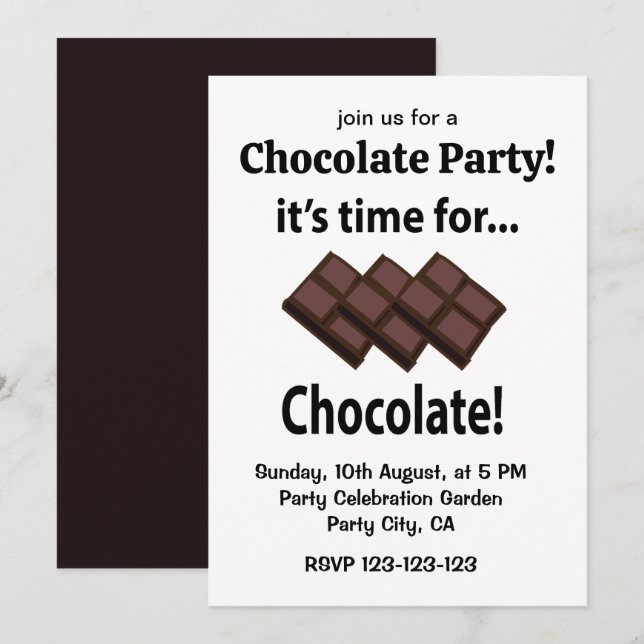 Invitación Chocolate Es Hora de Fiesta de Chocolate (Anverso / Reverso)