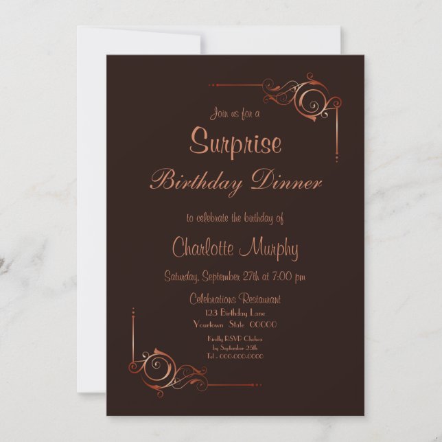Invitación Chocolate Gold Floral Surprise Cumpleaños Cena (Anverso)