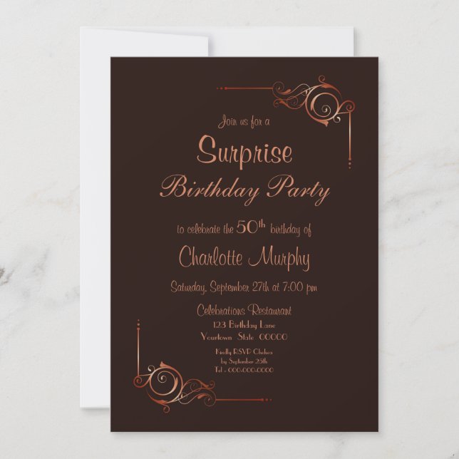 Invitación Chocolate Gold Floral Surprise Fiesta 50 de Cumple (Anverso)