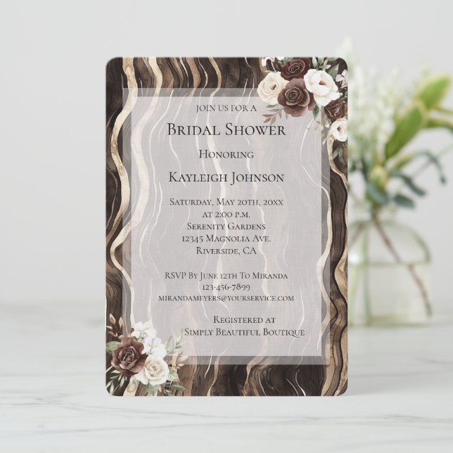 Invitación Chocolate Gold Swirls Floral Bridal Shower (Anverso de pie)
