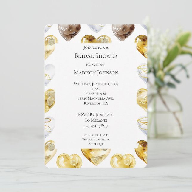 Invitación Chocolate Gold White Hearts Bridal Shower (Anverso de pie)