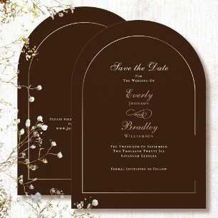 Invitación Chocolate Marrón Dorado Arco Save the Date Boda