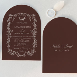 Invitación Chocolate Marrón Floral Antiguo Dinero Arqueado Bo