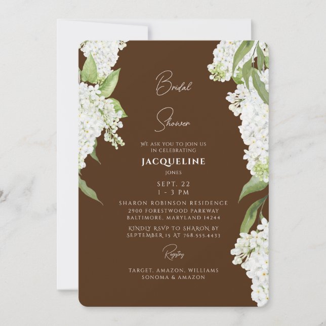 Invitación Chocolate Marrón Hidrangeas Blancas Ducha de novia (Anverso)